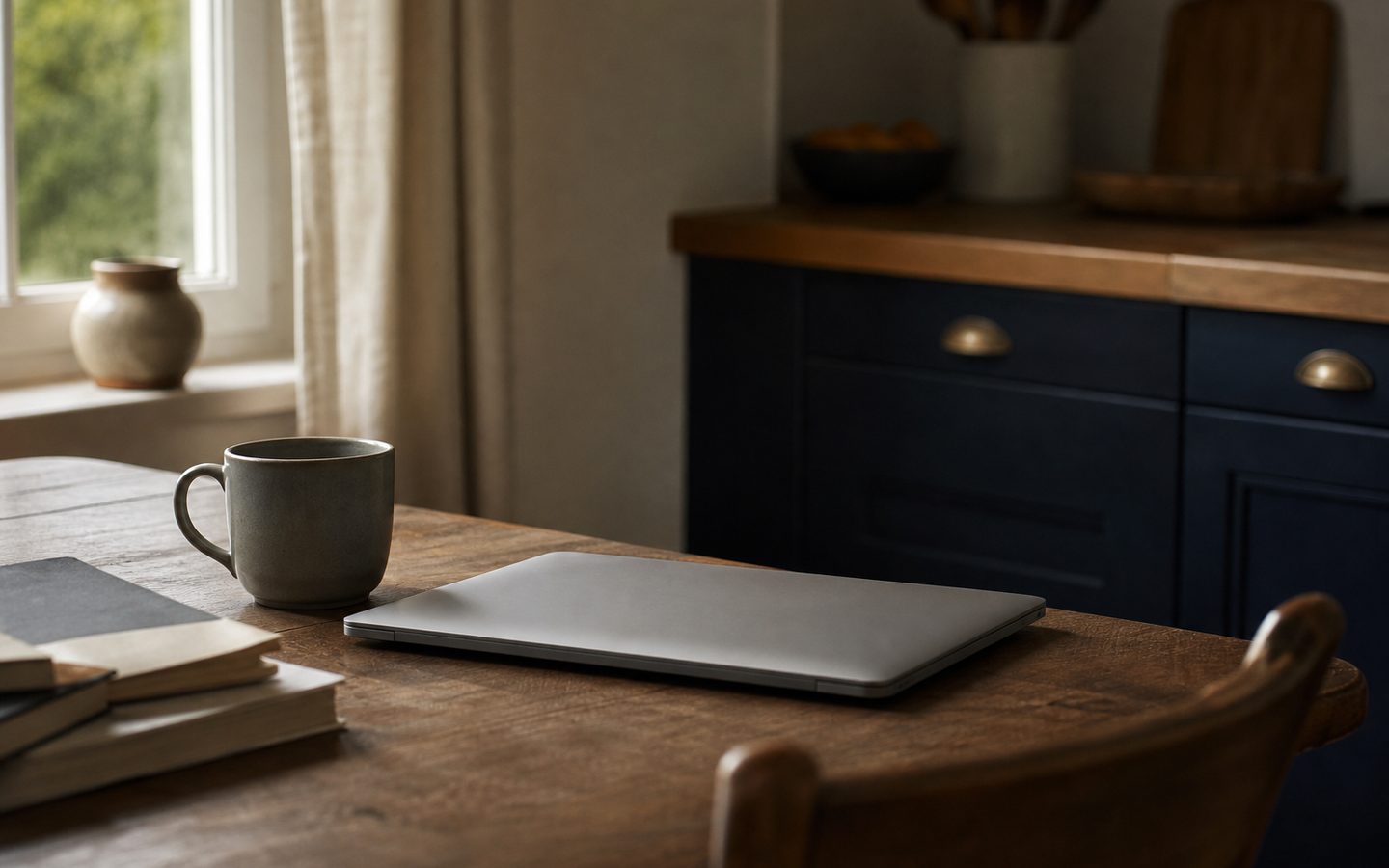 Zamknięty laptop na domowym stole obok kubka