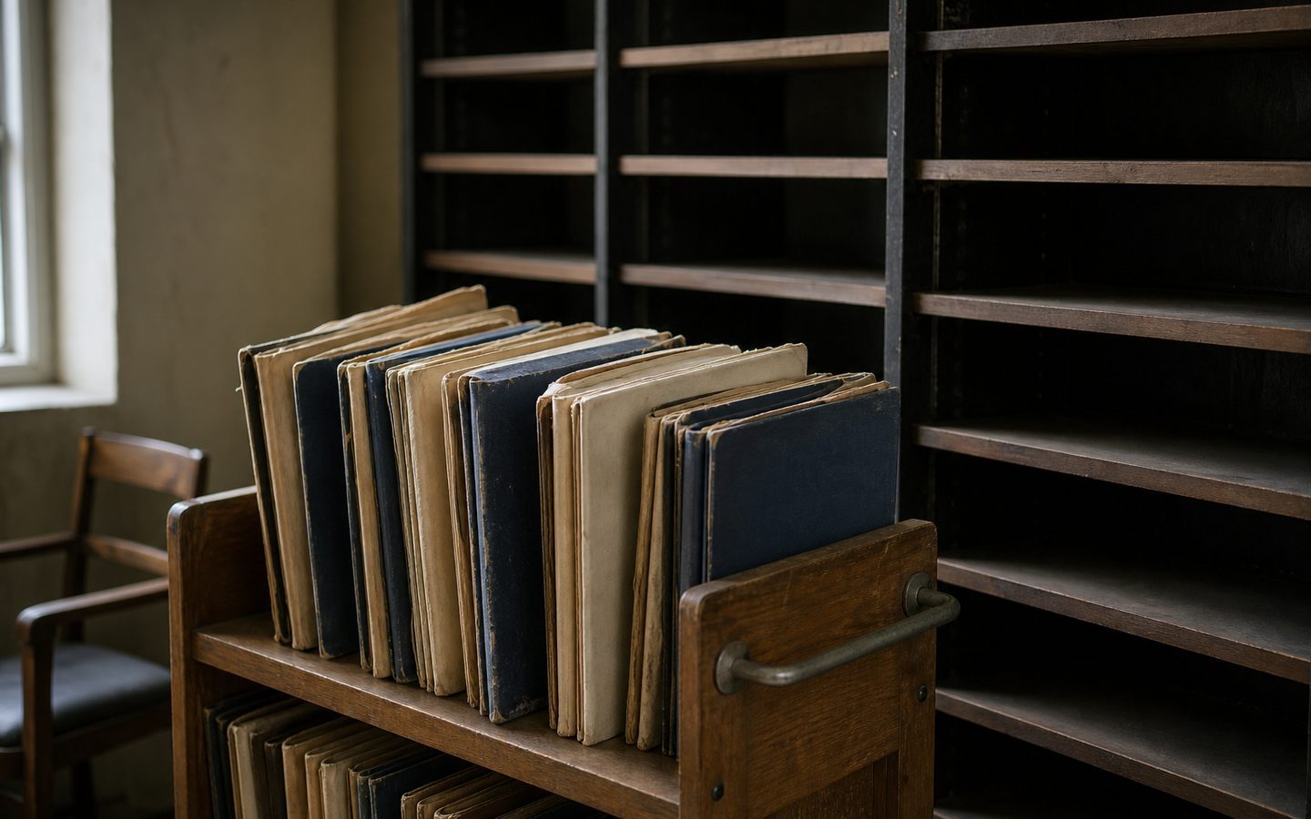 Wózek biblioteczny pełen teczek przy opróżnionych półkach archiwum